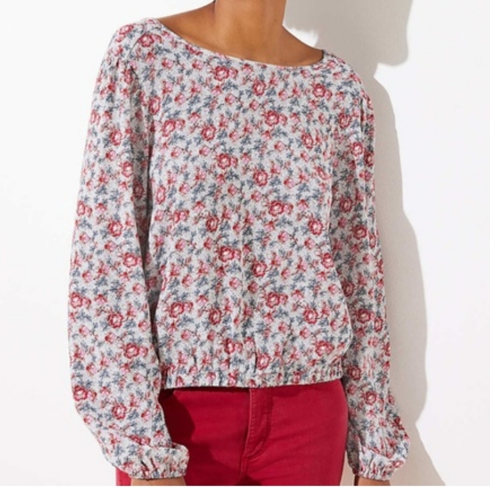 NWT LOFT white pink green floral V back blouse top Womens Medium